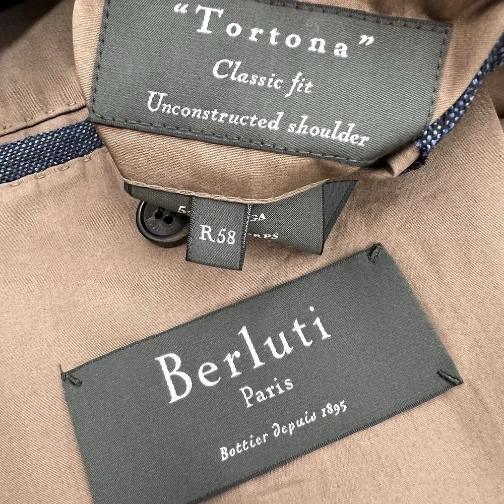 Berluti Alpaca Linen Blazer Jacket Sport Coat Mens 48R Navy/Black Chambray Italy